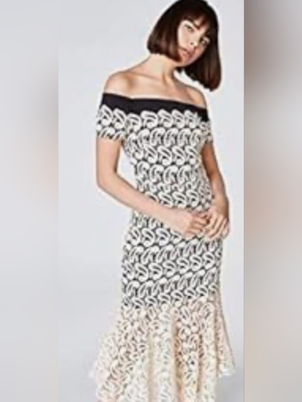 Nicole Miller Runway Off-Shoulder Black and Cream Lace Midi Dress $495 Retail
